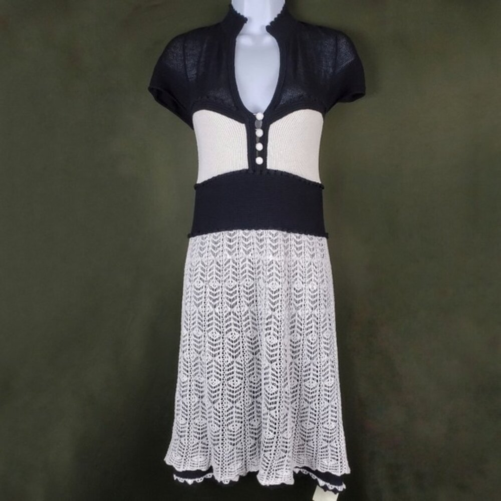 LiaMolly Womens Ivory Black Crochet Knit Layered Midi Dress Size S NWOT